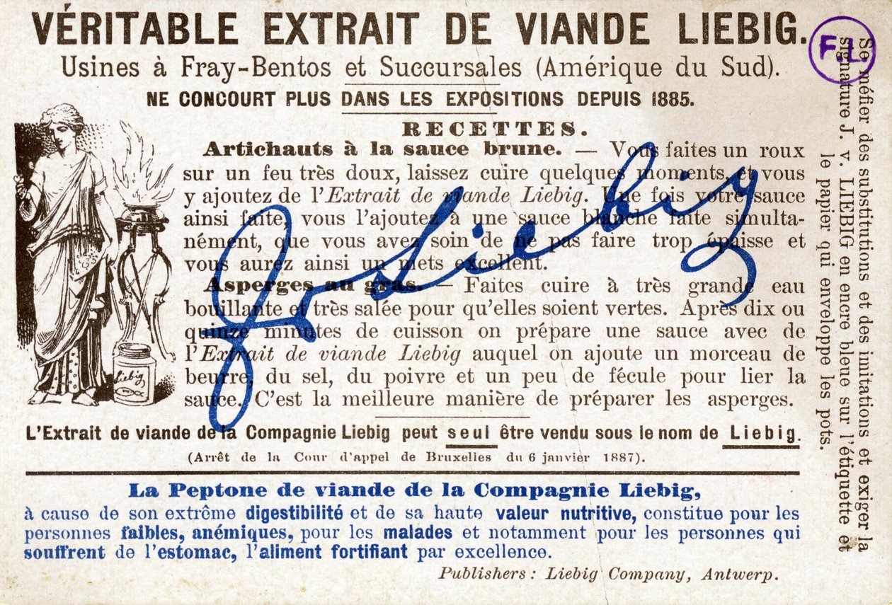 verso do cartão Liebig) com a receita de alcachofras com molho marrom. Cromolitografia publicitária de French School