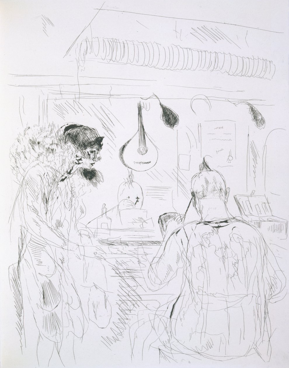 Cena nos bastidores de um Paris Bal de Nuit ou circo, de Paris Esboços: Etchings de Forain e Raffaelli, 1880 de French School