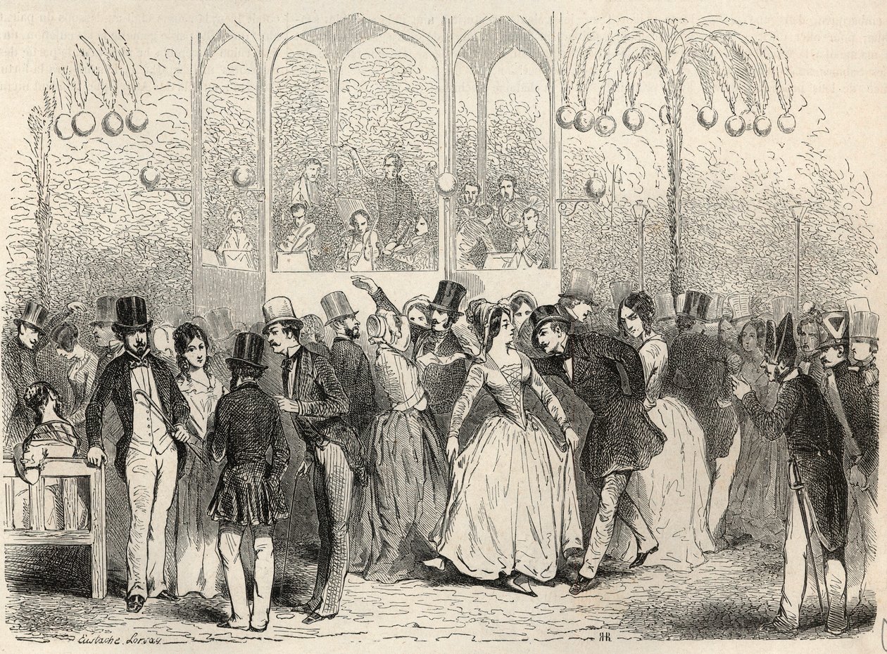 Bal Mabille (estabelecimento de dança e prazer, avenida Montaigne, Paris) Gravura em "Tableau-de-Paris" de Edmond Texier 1852 de French School