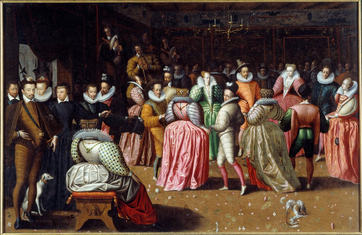 Bal na corte do Rei Henrique III e da Rainha Catarina de Medicis (Caterina de Medici) conhecida como Bal do Duque de Alencon Os soberanos estão representados à esquerda, incluindo a Rainha Margot (Margarita de Navarra ou Valois (1553-1615). Pintura do F de French School
