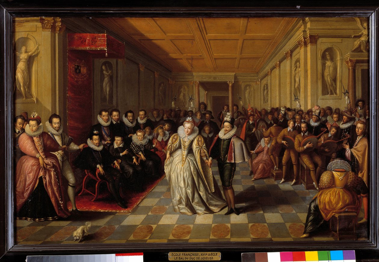 Bal deu ao Louvre na presença de Henrique III e Catarina de Medicis (Caterina de Medici) para o casamento de Ana, Duque de Joyeuse e Marguerite de Lorraine Vaudemont (irmã da Rainha Luísa) em 24 de Setembro de 1581. de French School