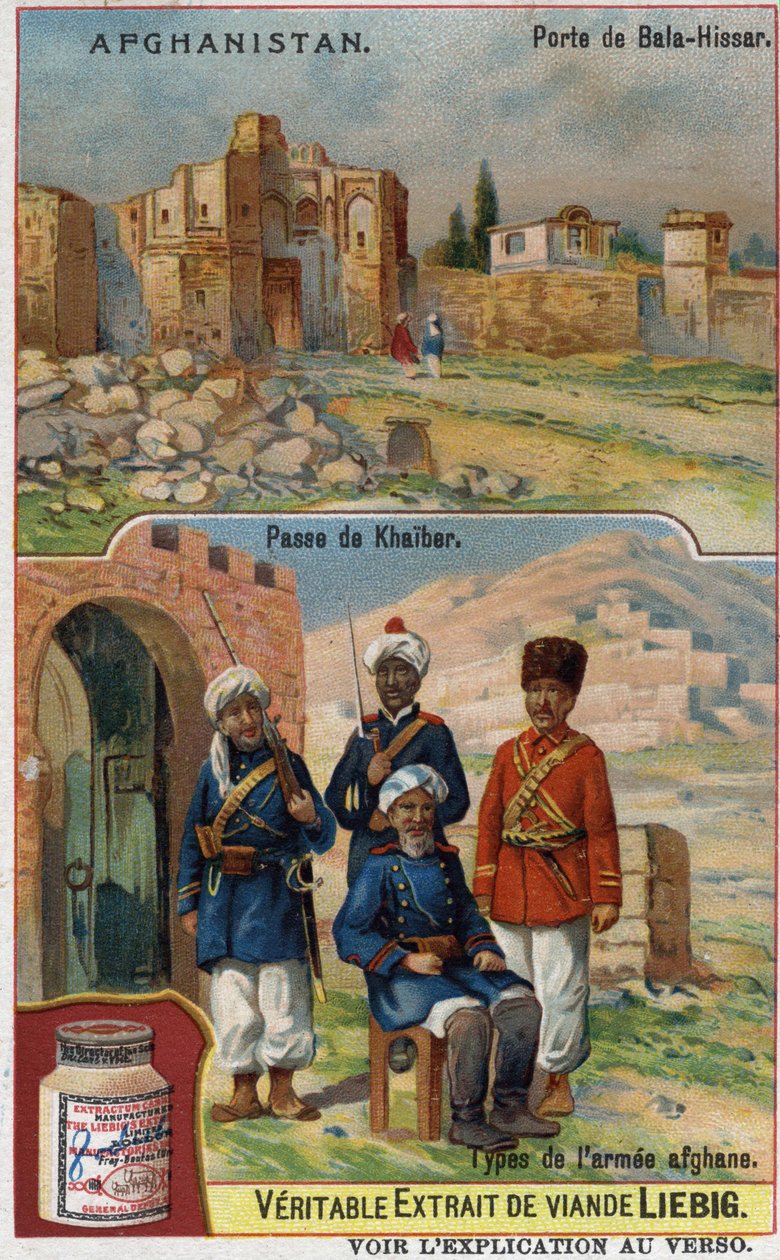 Portal Bala-Hissar no Afeganistão e soldados do exército afegão na passagem de Khaiber. Cromolitografia publicitária do século XIX. de French School