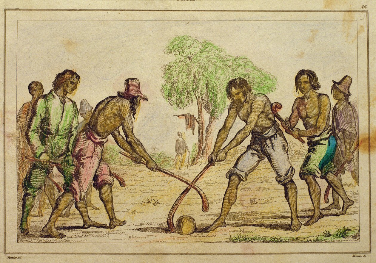 Jogo de bola, costumes populares dos índios chilenos (gravura colorida à mão) de French School