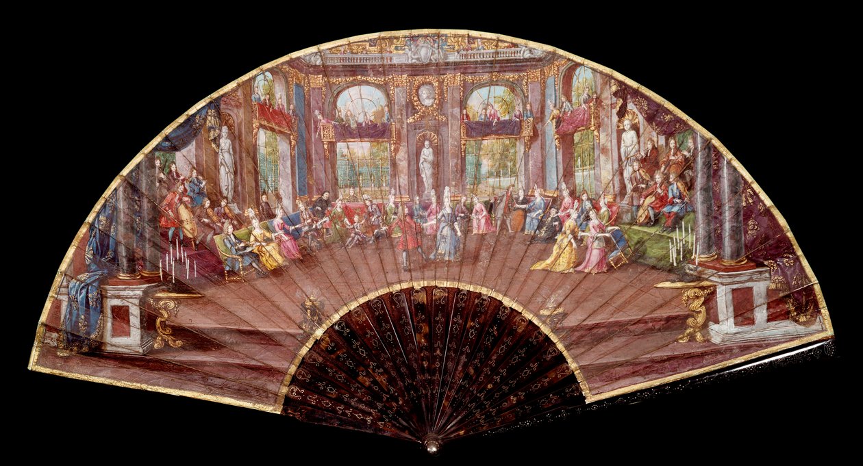 Cena de baile na corte de Luís XIV (1638-1715) leque do século XVIII Paris, Artes decorativas de French School