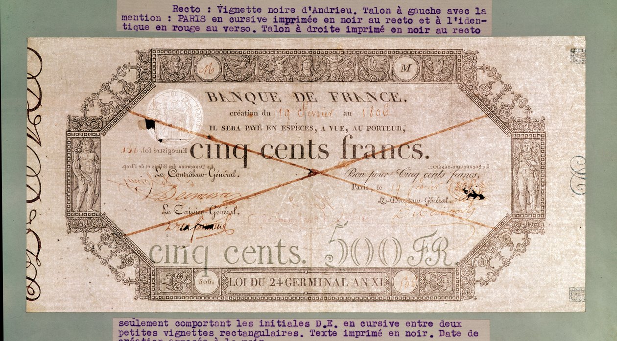 Nota de 500 francos do 24º Germinal do Ano XI de 1806 (tinta sobre papel) de French School