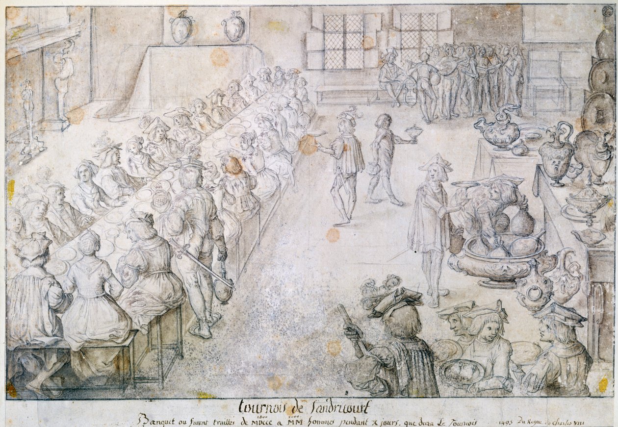 Banquete no Torneio Sandricourt em 1493 (tinta marrom e lápis sobre papel) de French School