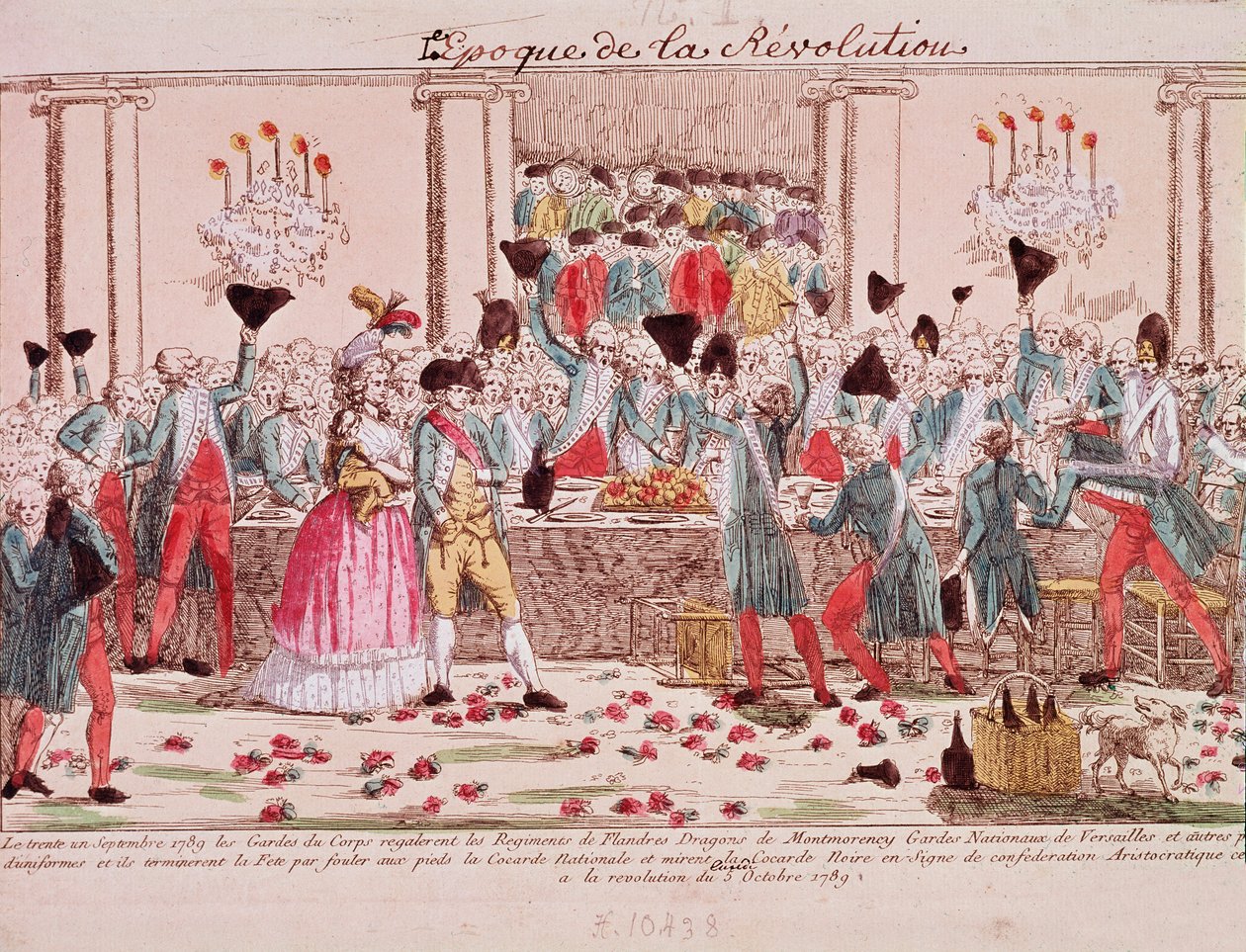 Banquete oferecido em 1 de outubro de 1789, pelos guarda-costas do Rei para saudar a chegada do Regimento da Flandres (gravura) de French School