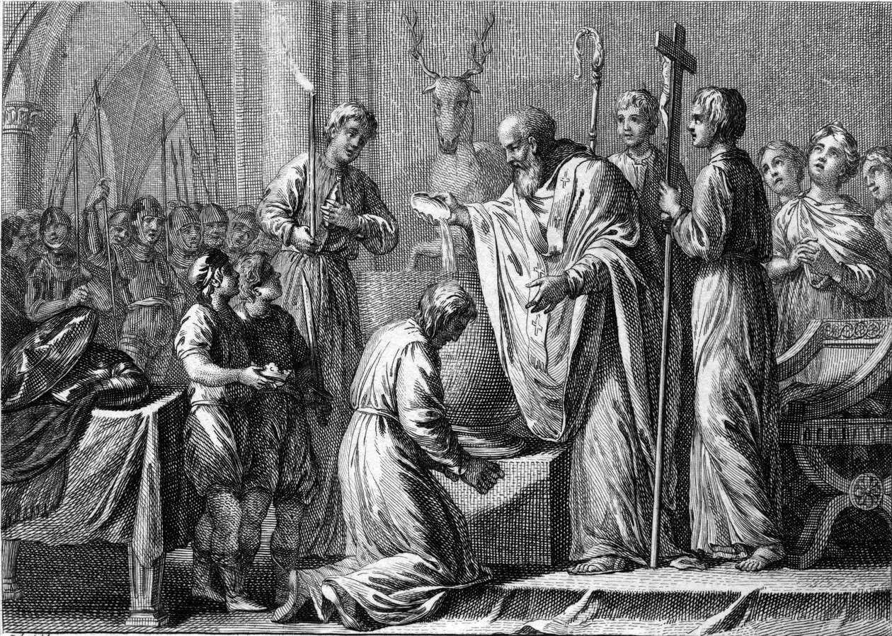 Baptismo de Clovis 1, 25 de Dezembro 496: o rei dos Francos (466-511) é baptizado por São Remi (437-533), eveque de Reims, na igreja de São Martinho. Gravura do século XVIII. de French School