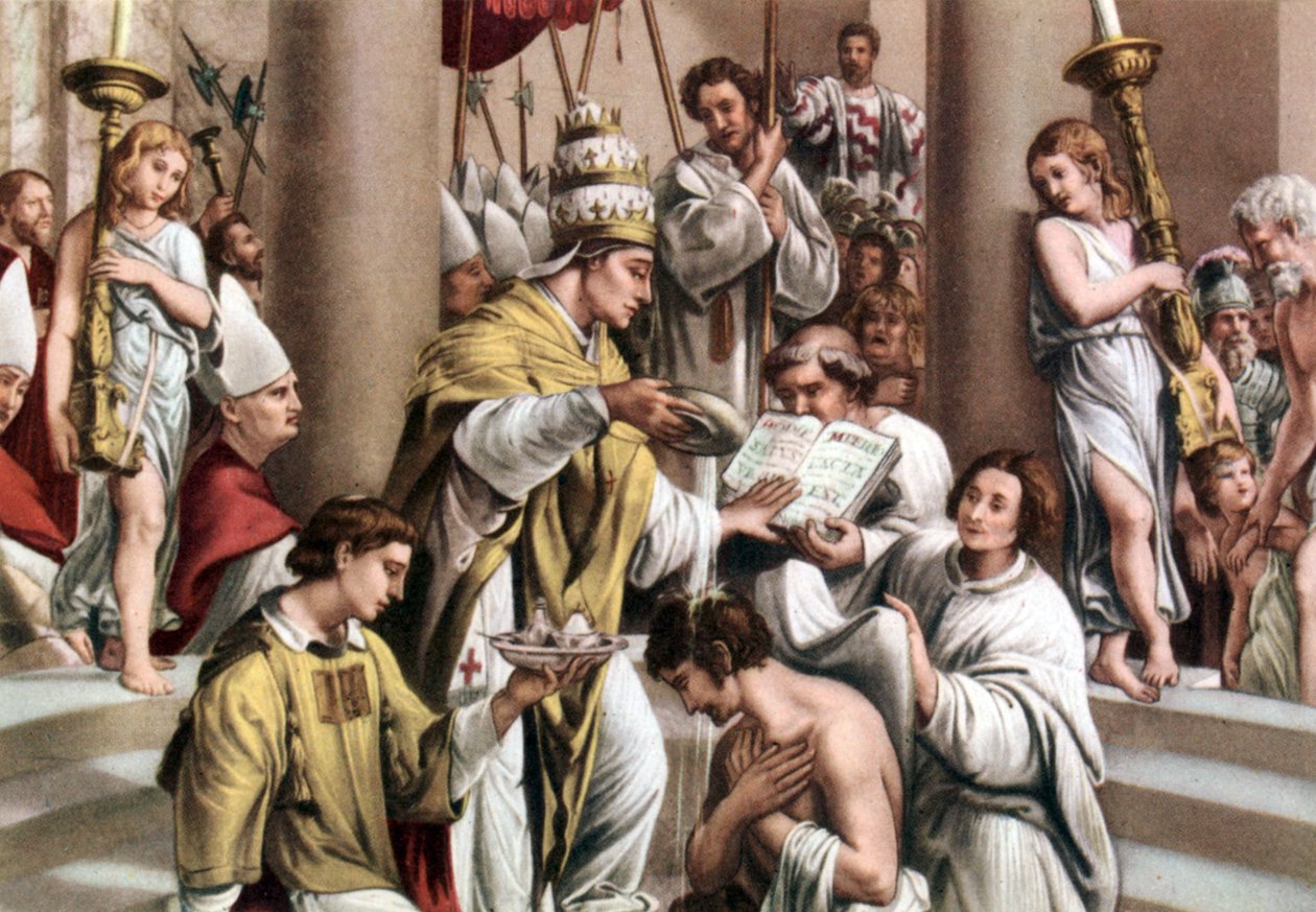 Baptismo de Constantino, de um "Conjunto de Cartões Postais Educativos Religiosos", c.1950 (cor litho) de French School