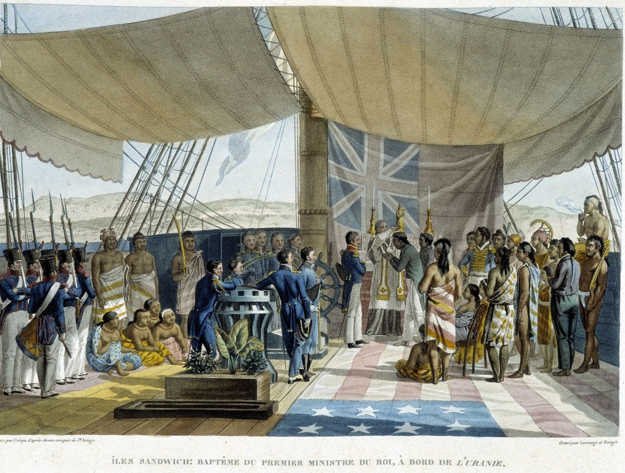 Batismo dos nativos das Ilhas Sandwich a bordo da Urania, início do século XIX de French School