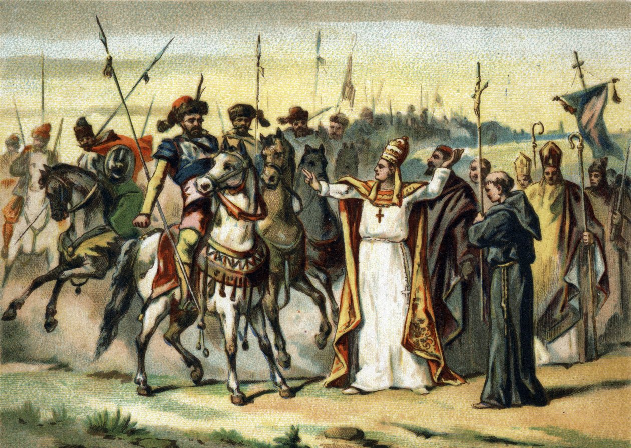 Invasões bárbaras - Átila e São Leão I o Grande (440-461): o bárbaro Átila, líder do povo hunos, encontra o Papa São Leão o Grande que conseguiu convencê-lo a poupar a Itália. Cromolitografia do final do século XIX de French School