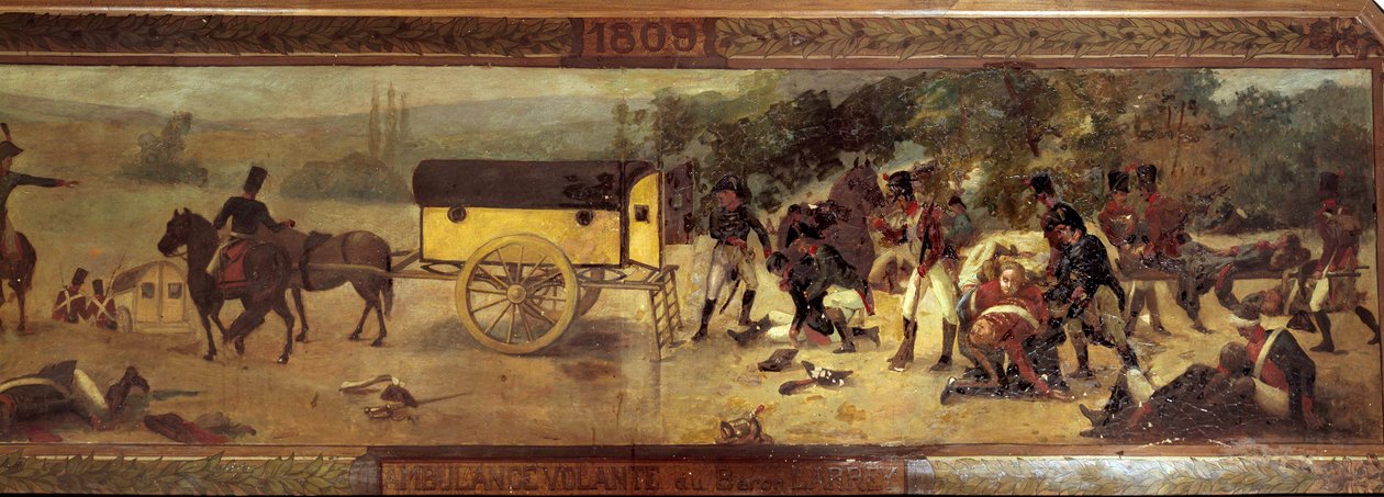 A ambulância voadora do Barão Larrey (Dominique Jean, Barão Larrey 1766 - 1842) em 1809 Pintura anónima da escola francesa do século XIX. 1809 Paris, museu do Val de Grace de French School