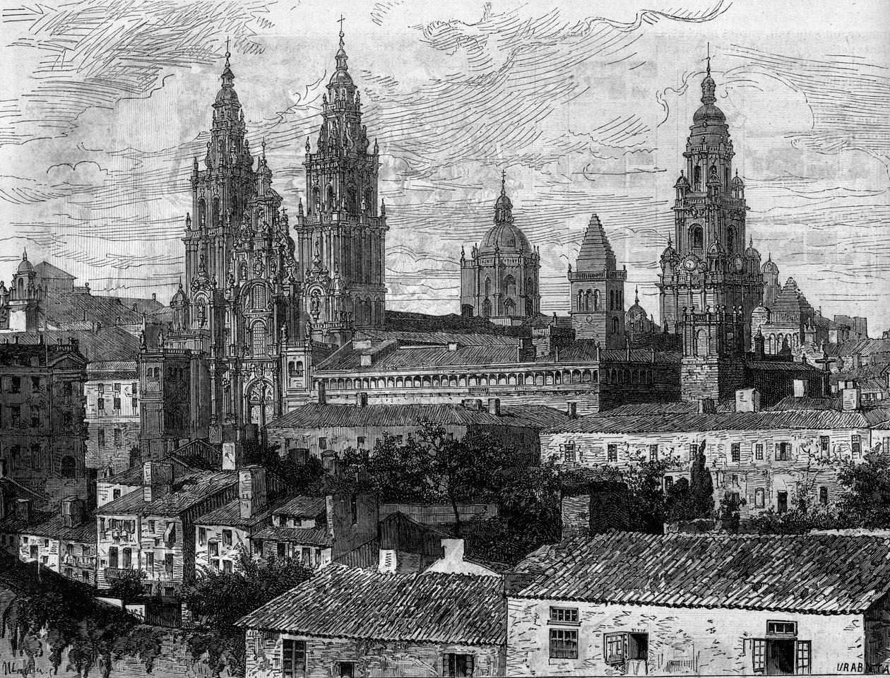 Arte barroca: vista da Catedral de Santiago de Compostela. Espanha. Gravura em "Le Monde Illustré" n°1220 de 14 de Agosto de 1880. de French School