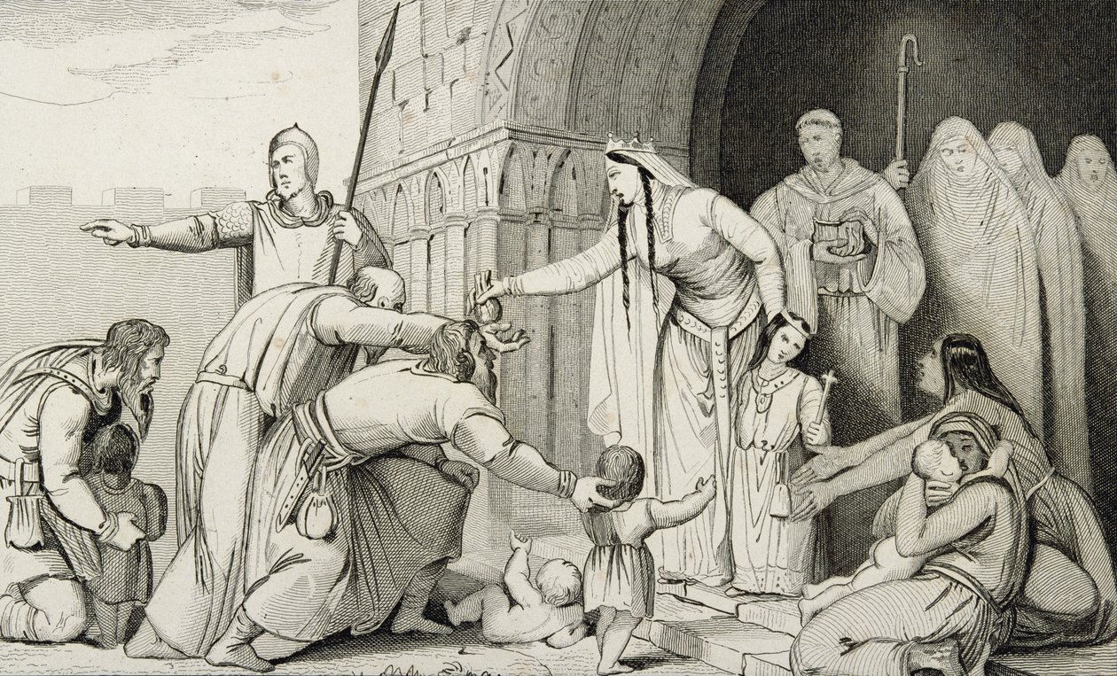 Batilda Dá Dinheiro aos Pobres, de &39;Histoire de France&39; de Colart, publicado em 1840 de French School