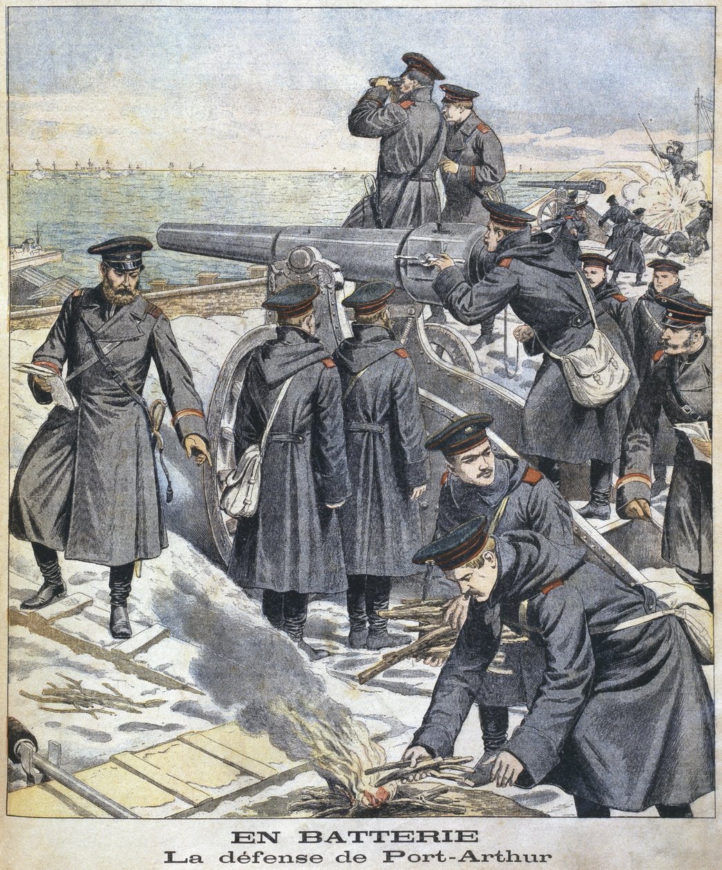 Bateria, defesa de Port Arthur, ilustração de le Petit Journal: Suplemento Ilustre, 27 de março de 1904 de French School