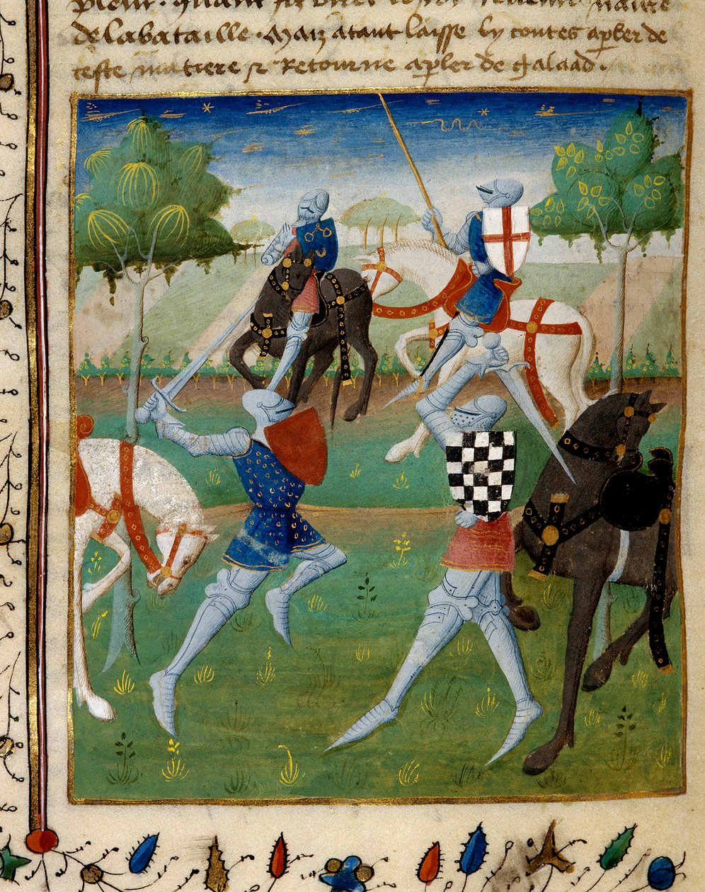 Combate entre o cavaleiro Palamede e Artus (ou Artur) a pequena miniatura retirada do manuscrito "O romance de Tristão" dirigido ao mestre Charlkes do Maine de French School