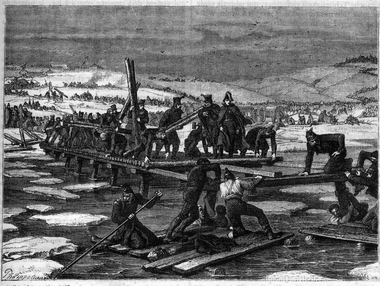 Batalha de Berezina, 26-29 de Novembro de 1812, uma derrota catastrófica para Napoleão durante o seu retiro da Rússia - campanha russa, retiro: construção de duas pontes sobre a Berezina pelos sapadores da ponte da Grande Armee sob a responsabilidade de G de French School