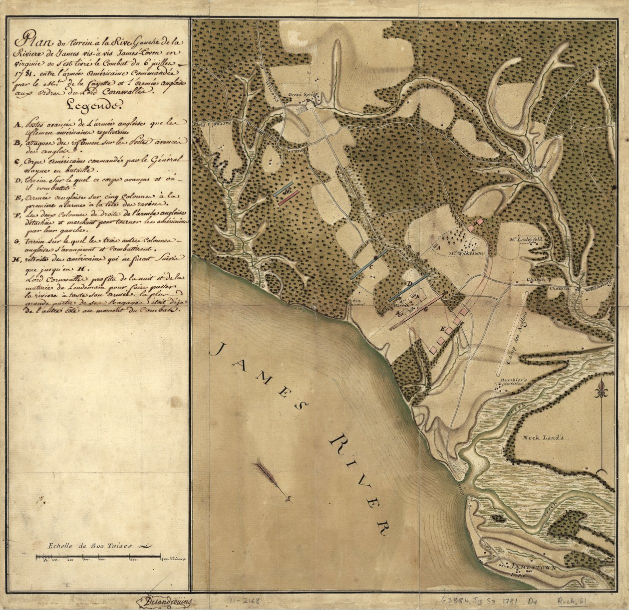 Batalha de Green Spring, Mapa do terreno na margem esquerda do rio James, em frente a Jamestown, na Virgínia, onde teve lugar a batalha de 6 de julho de French School