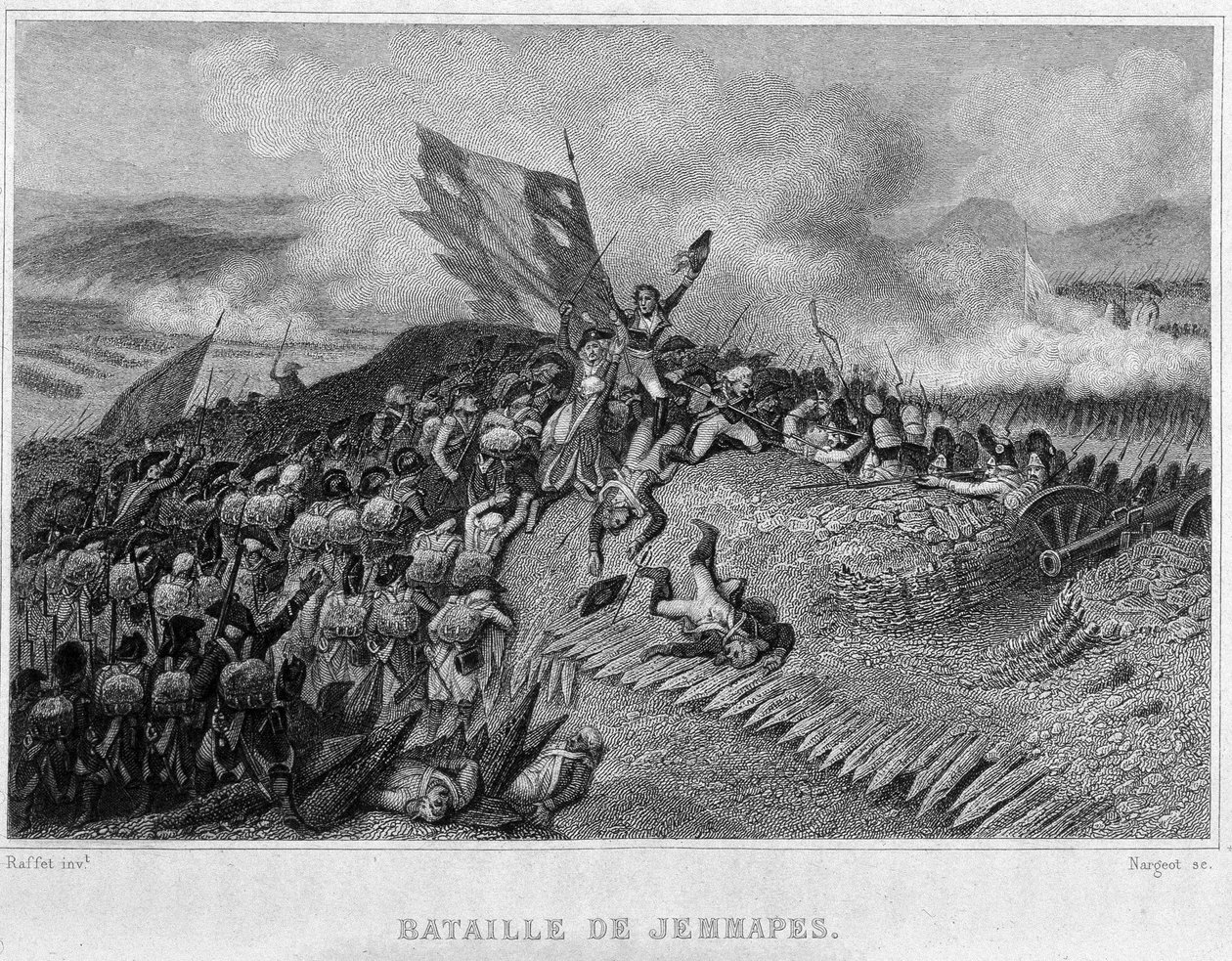 Batalha de Jemappes em 1792 (Vitória dos Franceses, comandada por Dumouriez) - em "Revolução Francesa" de Thiers. Século XIX de French School