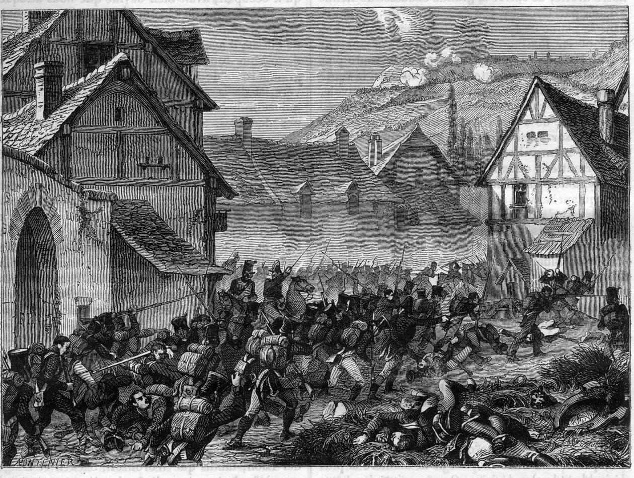Batalha de Laon, 9-19 de Março de 1814 (vitória aliada sob Blucher sobre Napoleão I) - Batalha de Laon, Marechal Ney, à frente de uma divisão, assume o subúrbio de Semilly - em "Histoire de l