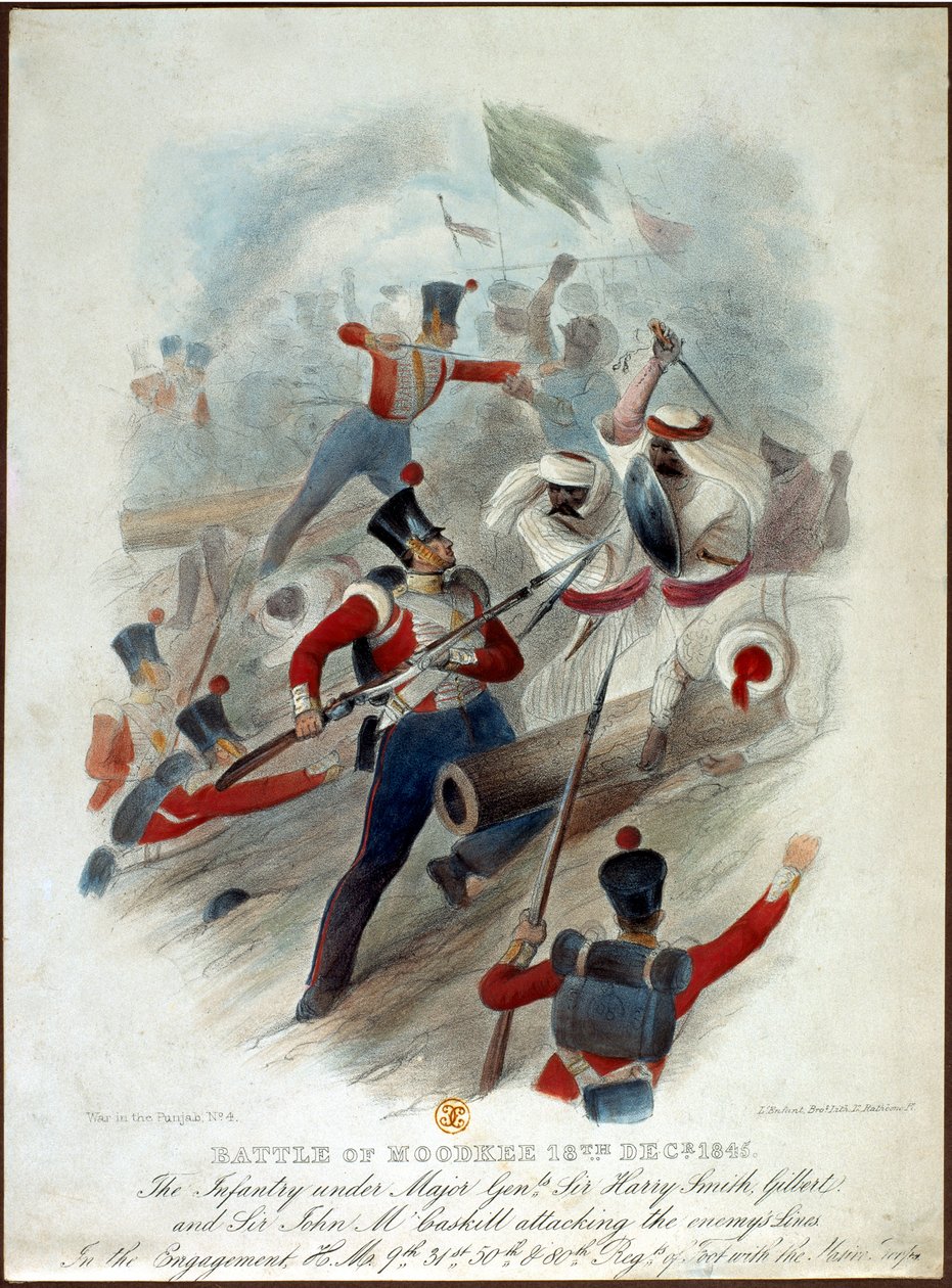Batalha de Moodkee, 18 de dezembro de 1845, nº 4 da War in the Punjab, gravada por W. Kohler após LEnfant Bros., publicada por William Spooner, c.1845 de French School