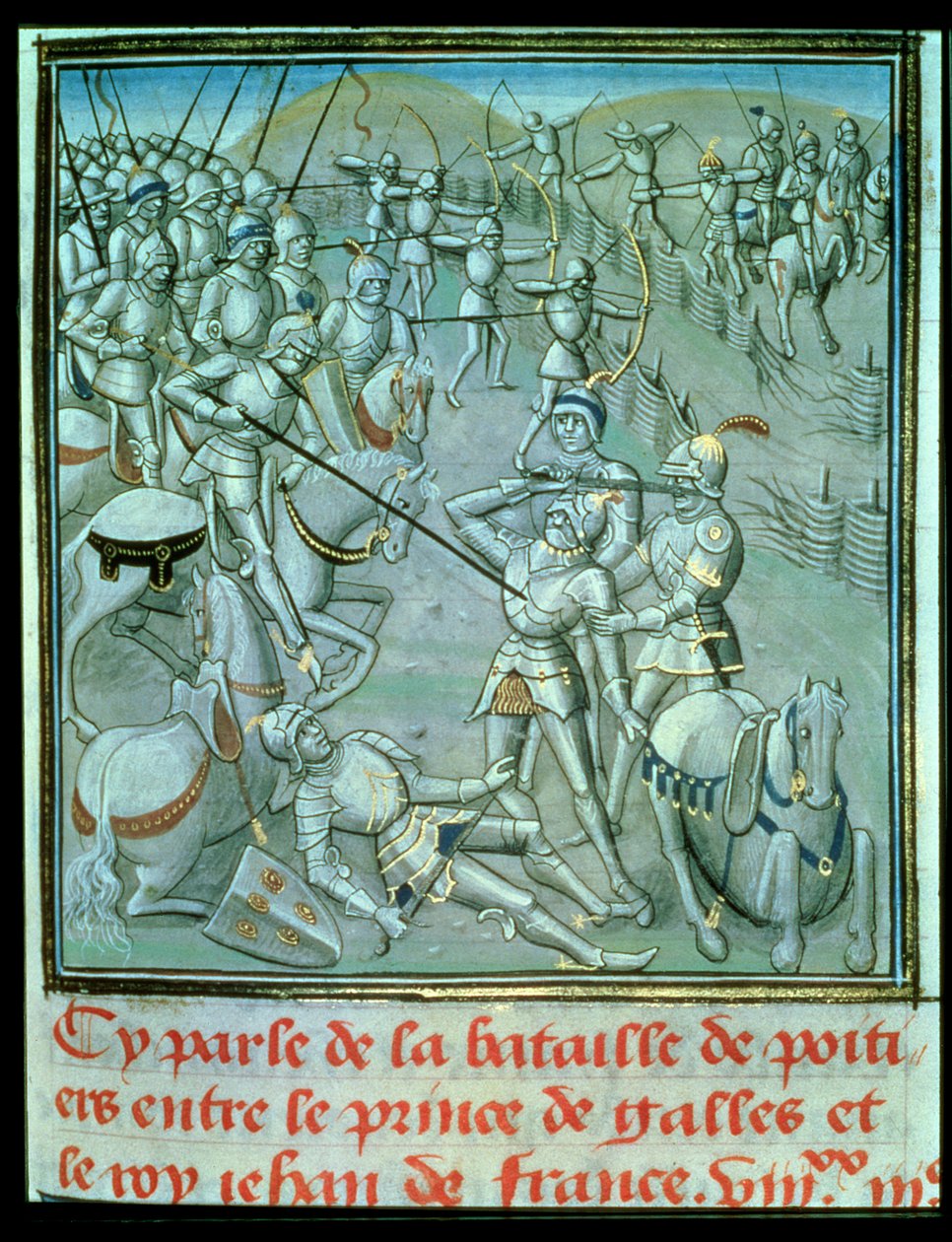 Batalha de Poitiers, retratando o Príncipe de Gales e o Rei Jean de França de French School