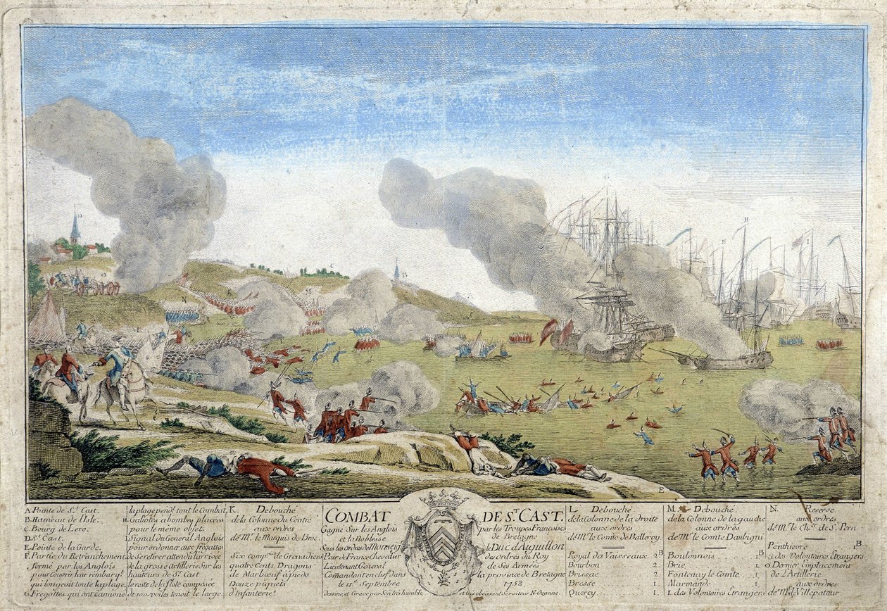 Batalha de Saint Cast durante a qual as tropas francesas da Bretanha venceram as inglesas em 1758. Ilustração conservada no Museu de Dinan. de French School