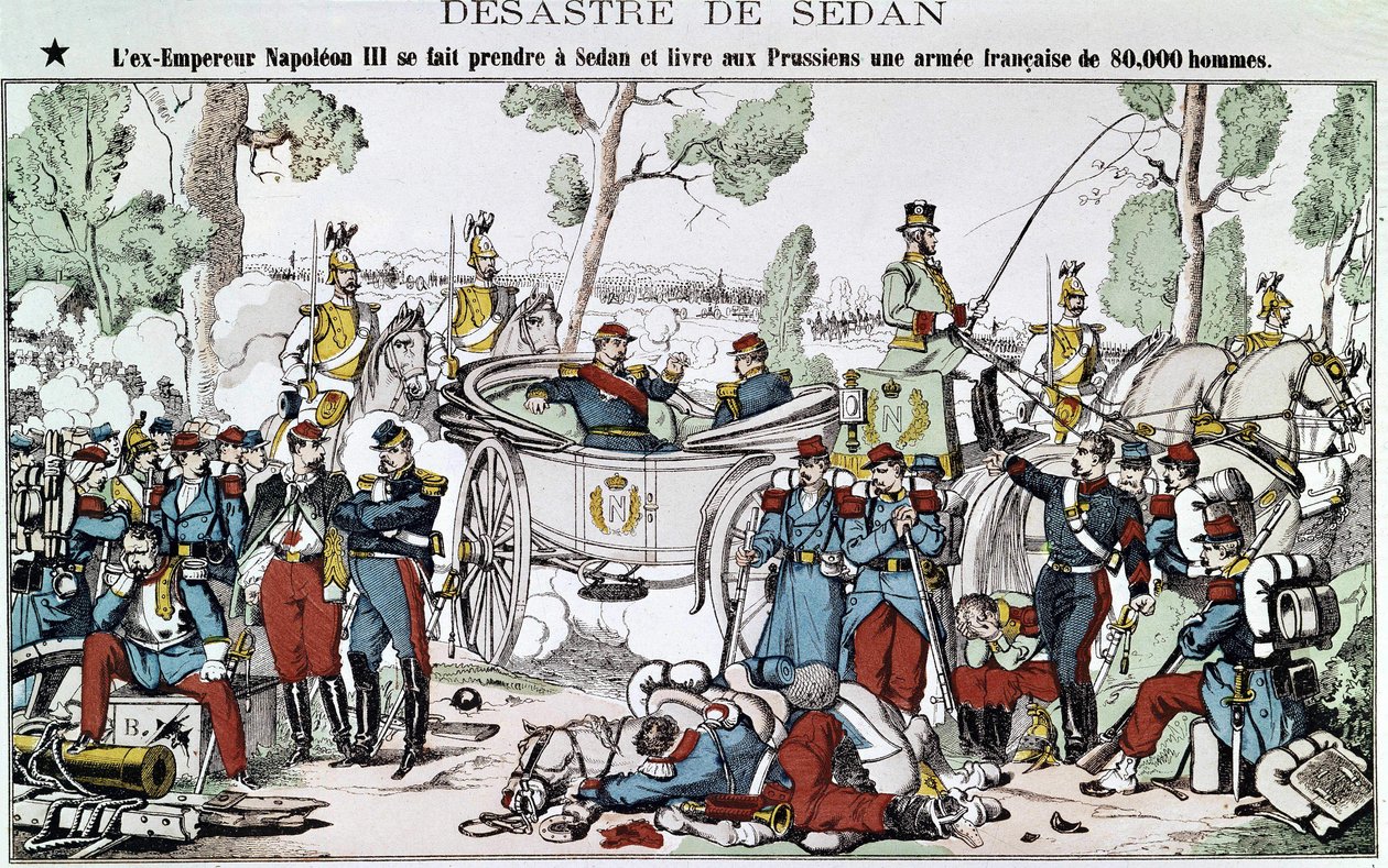 Batalha de Sedan, em 1870. O antigo Imperador Napoleão III é apanhado em Sedan e entrega aos prussianos um exército francês de 80.000 homens, imagem de uma espinha dorsal. de French School