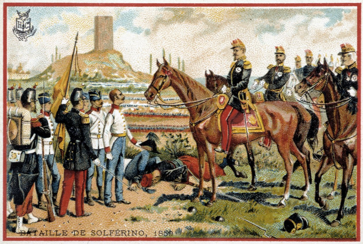 Batalha de Solferino: Vitória na Batalha de Solferino contra os austríacos em 1859 - Divisão Forey. Cromolitografia de Liebig de French School