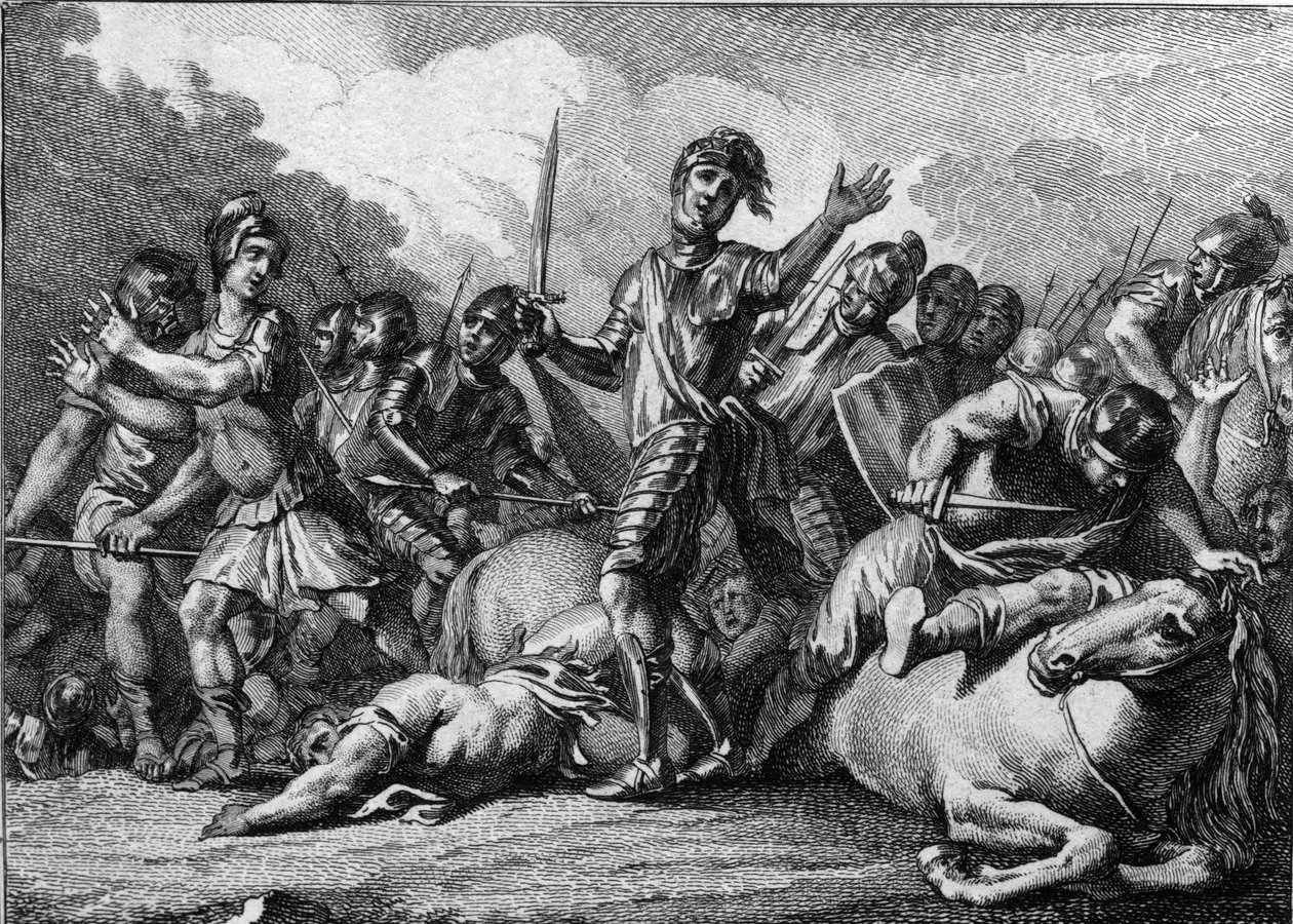 Batalha de Tolbiac, 496: Clovis 1st (466-511), Rei dos Francos, pedindo a ajuda de Deus para derrotar a tribo germânica dos Alamãs. Gravura do século XVIII. de French School