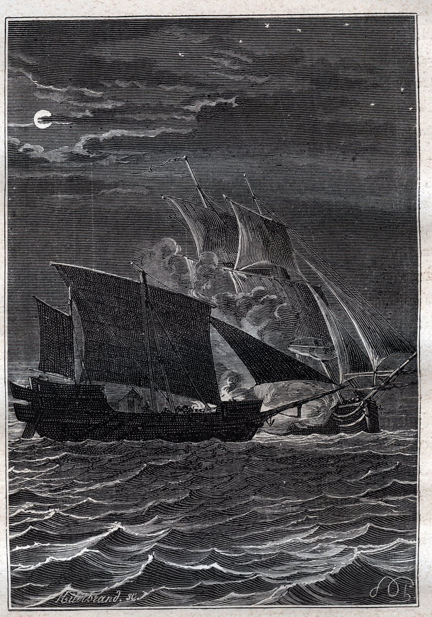 Batalha da Andorinha e um paro malaio: O navio Andorinha de Philip Carteret ou Philippe de Carteret (1733-1796) lutou com um navio pirata malaio nas águas da Indonésia em 1767 - ilustração de "Os Grandes Marinheiros do século XVIII". de French School