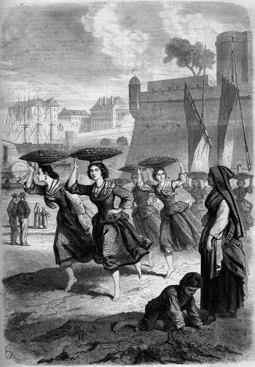 Comerciantes de sardinha Bayonne que vão a Biarritz, Pirenéus Atlânticos (64) de French School