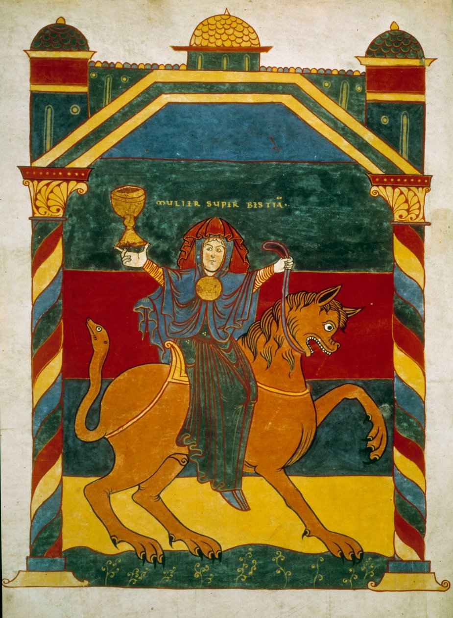 Besta e Mulher, sentada em cima dela, prostituta rica. Miniatura retirada dos comentários de "O Apocalipse segundo São João" escritos em 775 pelo monge Beato de Liebana. de French School