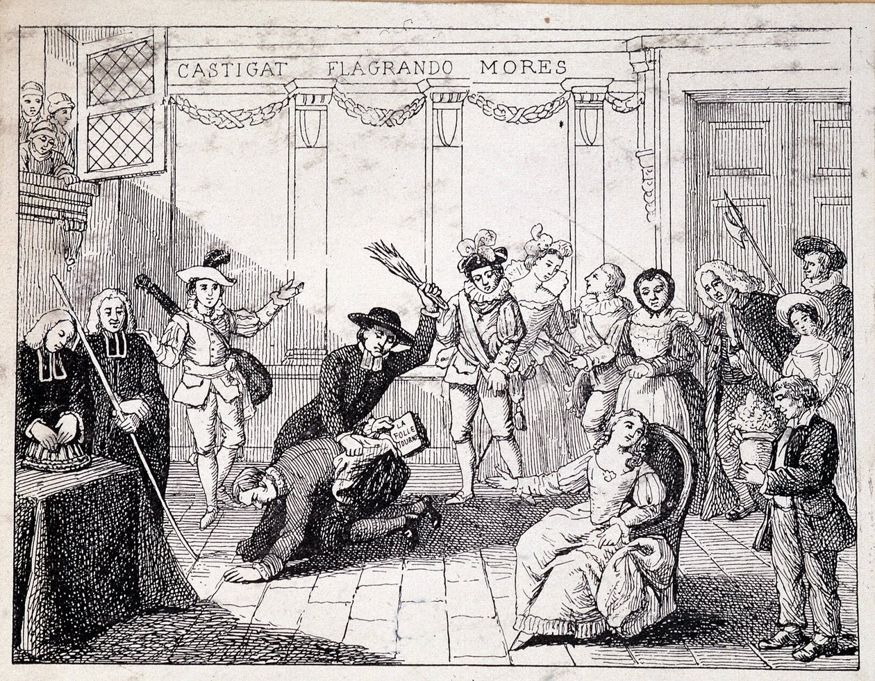 Beaumarchais a ser chicoteado em Saint Lazare - cena de um processo de Beaumarchais, segurando na mão a brochura da Folle journee - de um quadro da Comedie Francaise, gravura de French School