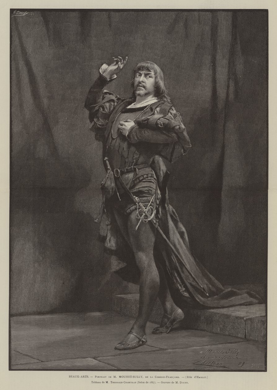 Beaux-Arts, Retrato de M Mounet-Sully, da Comédia Francesa, Papel de Hamlet (gravura) de French School