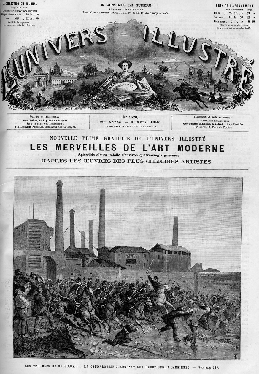 Greve dos trabalhadores belgas: a polícia a carregar os cavaleiros em Carnieres. Um jornal. Gravação no "Le Monde Illustré". de French School