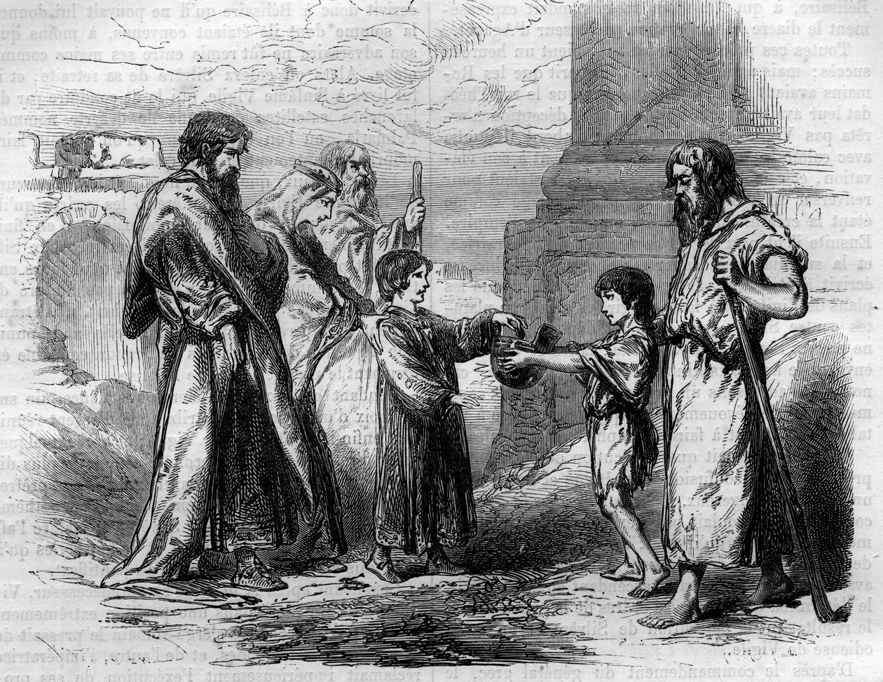 Belisaire (v.500-565) cego e mendigo pela ordem de Justiniano, a quem ele havia dado ouro e o terreno da venda. Gravura no "Histoire des Papes-Rois-Queen and Empereurs a travessa les centuries" de Maurice Lachatre de French School