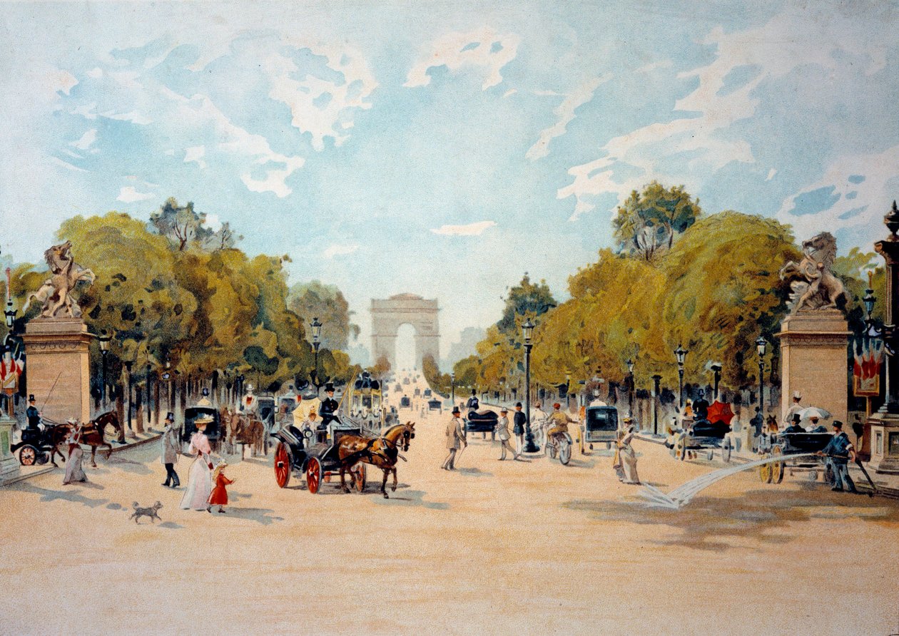 Belle Epoque: vista da Avenue des Champs Elysees e do Arco do Triunfo em Paris. Aquarela anónima de 1895. Paris, Artes Decorativas de French School