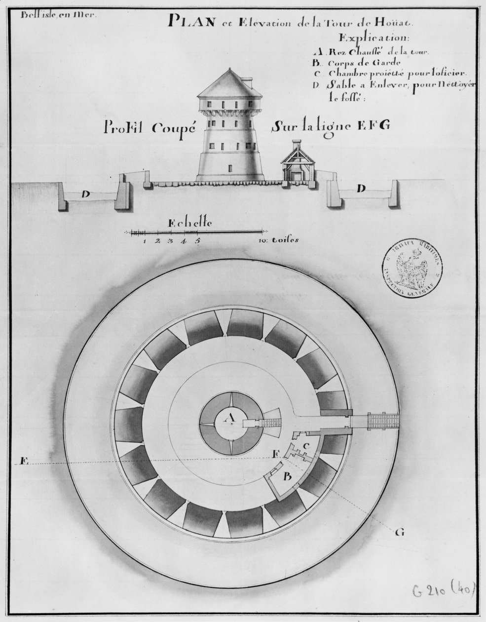 Belle Isle en Mer, plano e elevação da torre de Houat, 1745 (caneta e tinta sobre papel) de French School