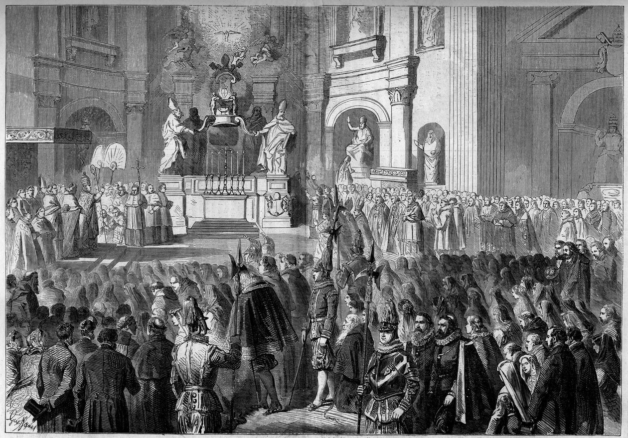 Bênção pelo Papa Pio IX (1792-1878) do altar do púlpito da Igreja de São Pedro em Roma, após a restauração. Altar construído entre 1656 e 1658 por Gianlorenzo Bernini (Bernini de French School