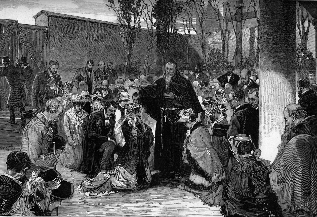Bênção dos fiéis na corte dos Capuchinhos na rue de la Sante, em Paris, em 30 de outubro de 1880, antes da sua expulsão, na sequência dos decretos de março de 1880, emitidos por Jules Ferry, que suprimiram o direito de ensinar membros de religiões não auto de French School