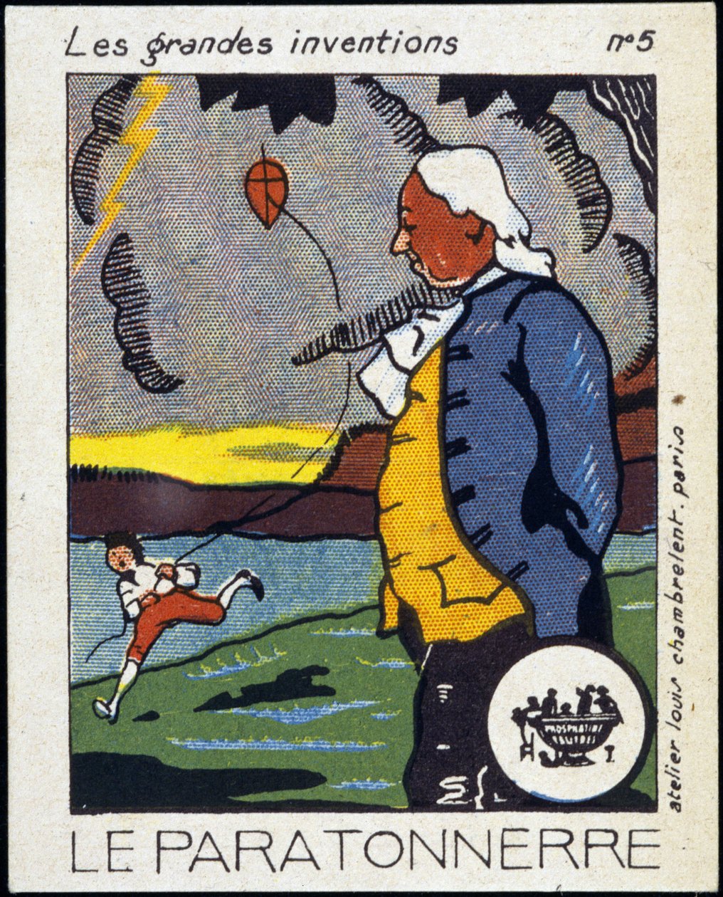Benjamin Franklin, político e físico americano (1706-1790) e o pára-raios (a experiência do papagaio) - Label, Deb. Século XX de French School