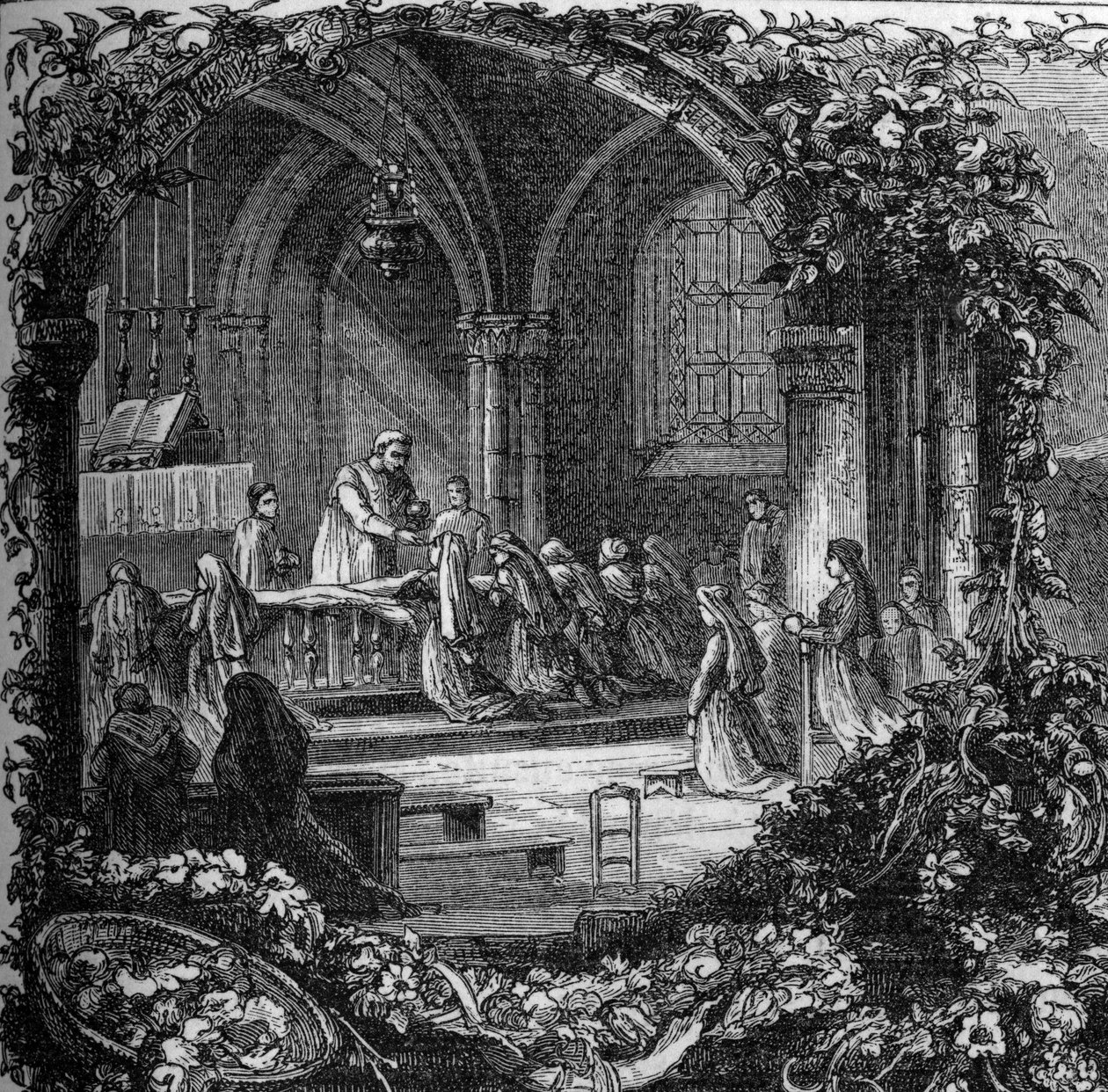 Bernadette Soubirous (1844-1879) durante a sua primeira comunhão. Século XIX (depois de 1858). Gravura em "Notre Dame de Lourdes" de Henri Lasserre de French School