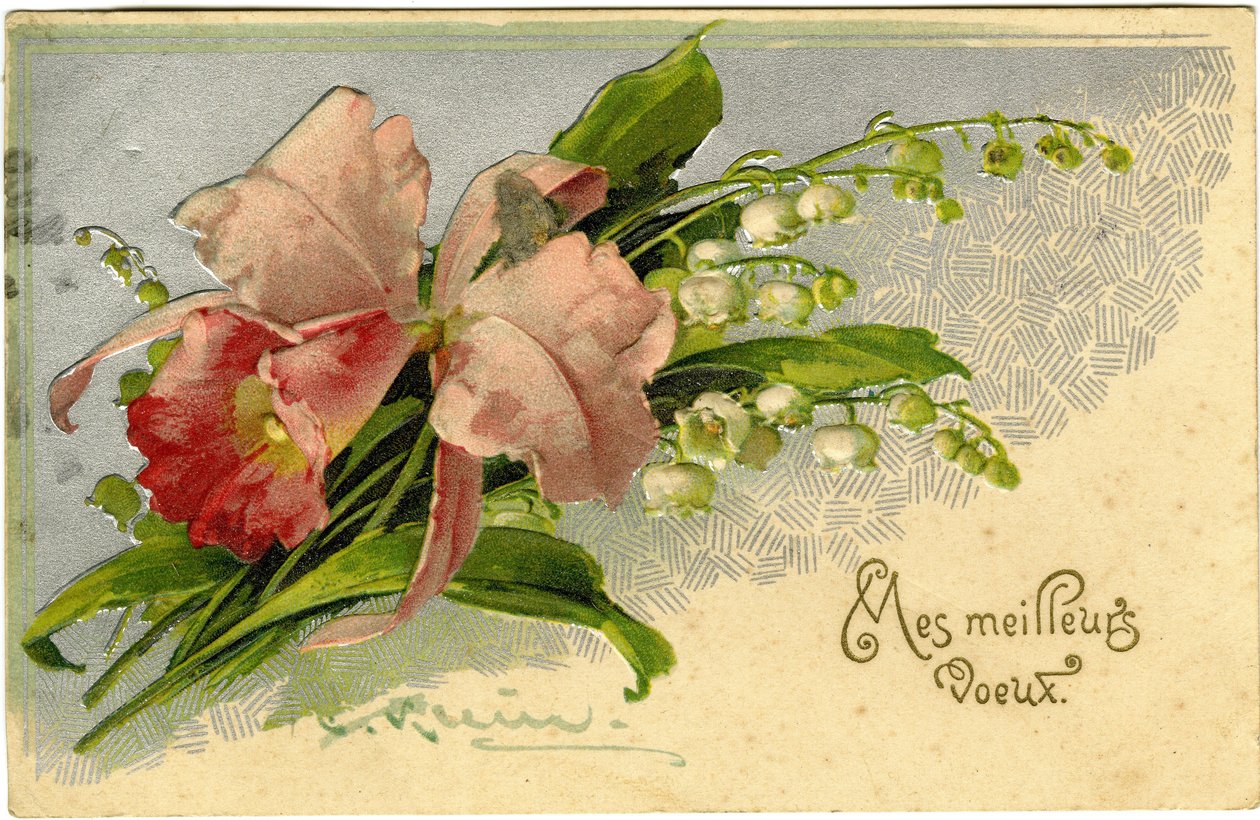 Os melhores votos de lírios do vale e flores. de French School