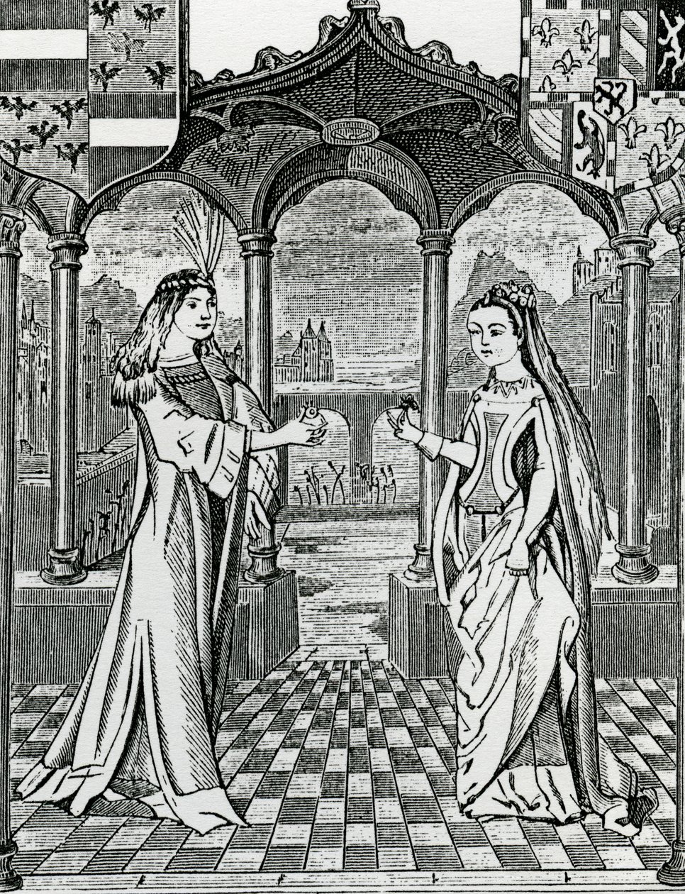 Betrothel de Maximiliano I e Maria, Duquesa da Borgonha em 1477, depois de uma imagem nas Chroniques de Flandre de French School