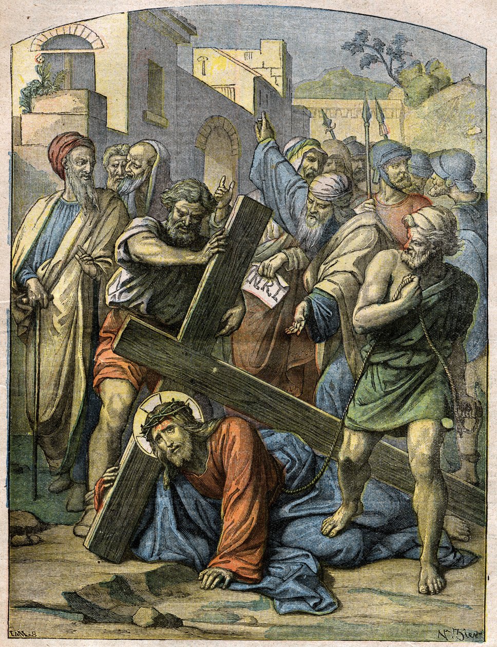Cena Bíblica - Via Sacra: Jesus cai uma segunda vez. Gravura em "Le Pelerin" de 29 de novembro de French School