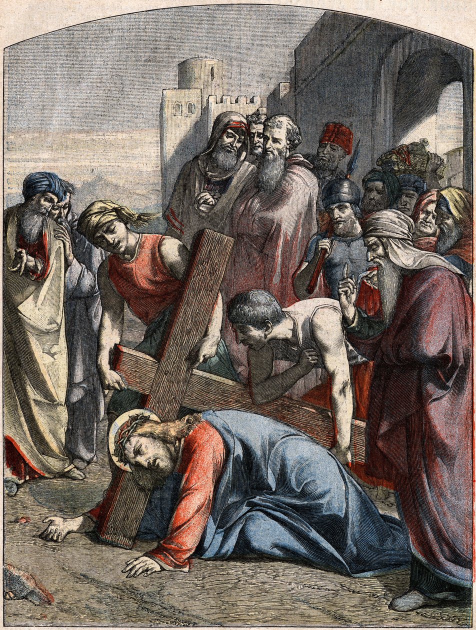 Cena Bíblica - Via Sacra: Jesus cai pela primeira vez. Gravura em "Le Pelerin" de 3 de maio de French School