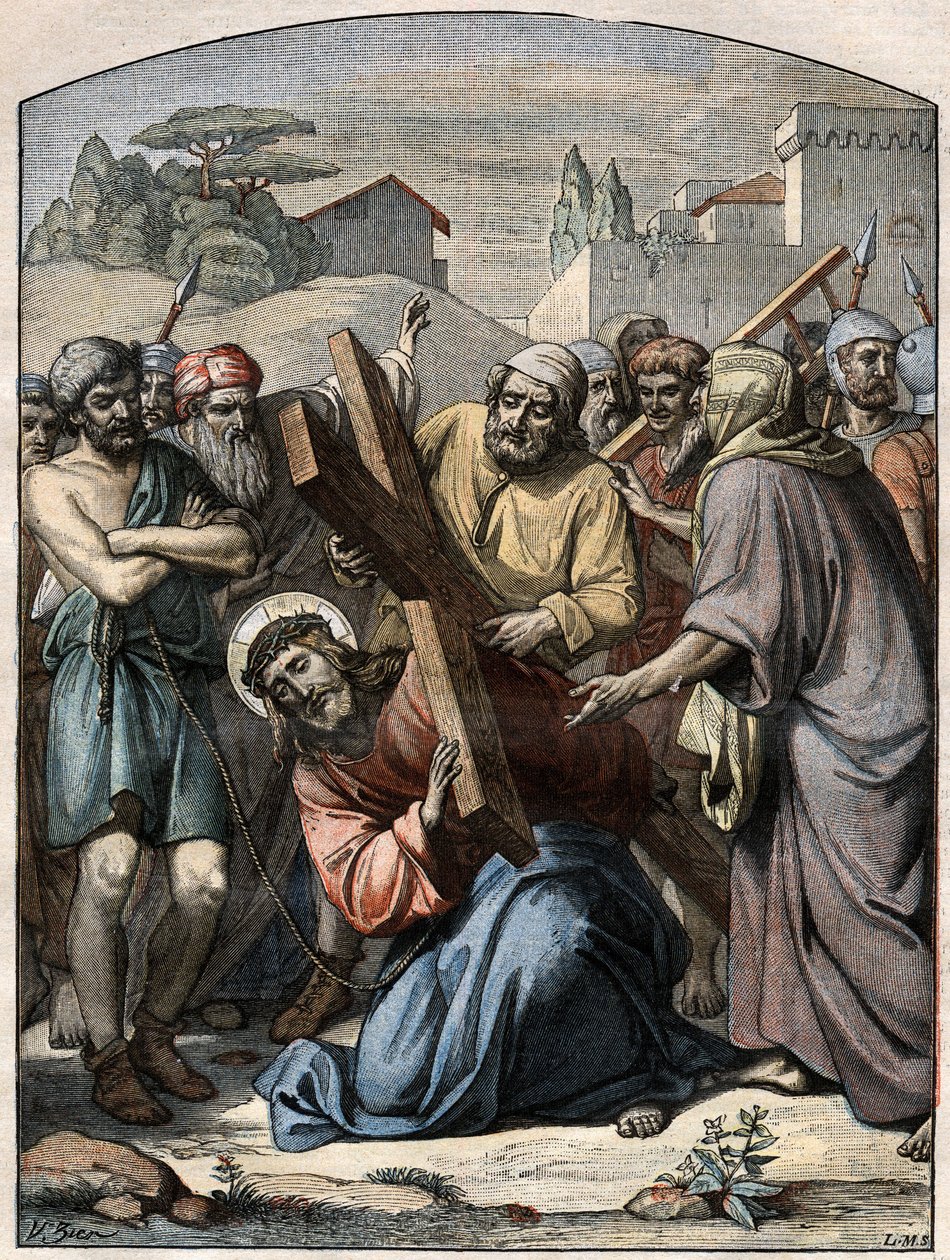 Cena Bíblica - Via Sacra: Jesus ajuda por Simão de Cirene (o Cireneu). Gravura em "Le Pelerin" de 13 de Setembro de 1896. de French School