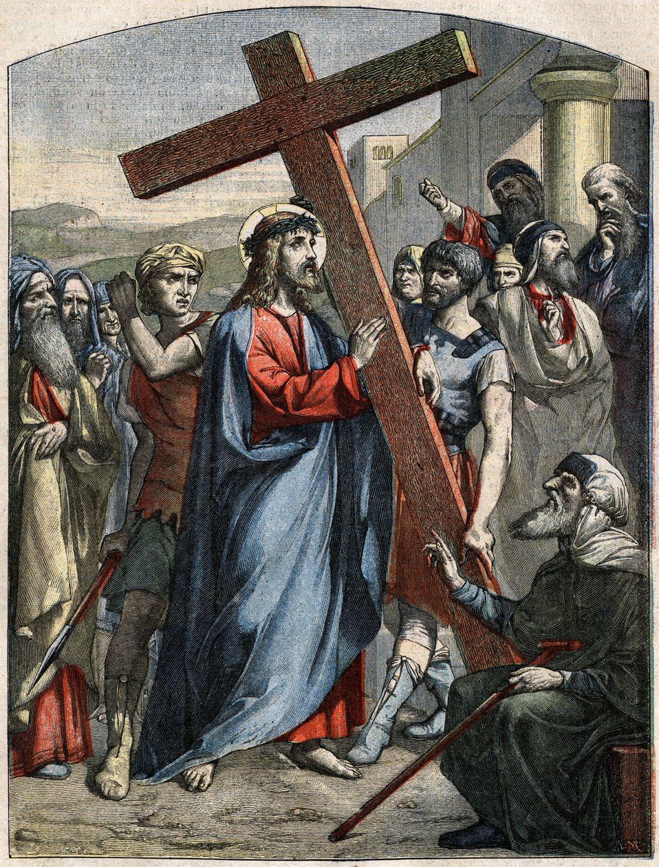 Cena Bíblica - Via Sacra: Jesus é o fardo da cruz. Gravura em "Le Pelerin" de 3 de maio de French School