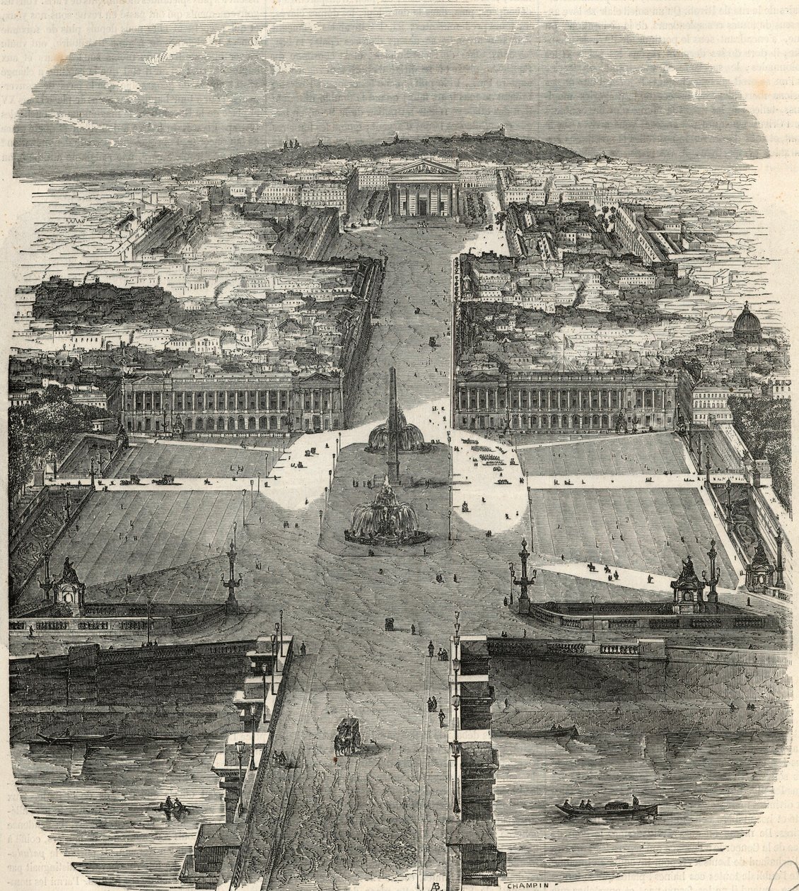 Vista aérea da Place de la Concorde, rue Royale com a igreja da Madeleine - Gravura em "Tableau-de-Paris" de Edmond Texier 1852 de French School